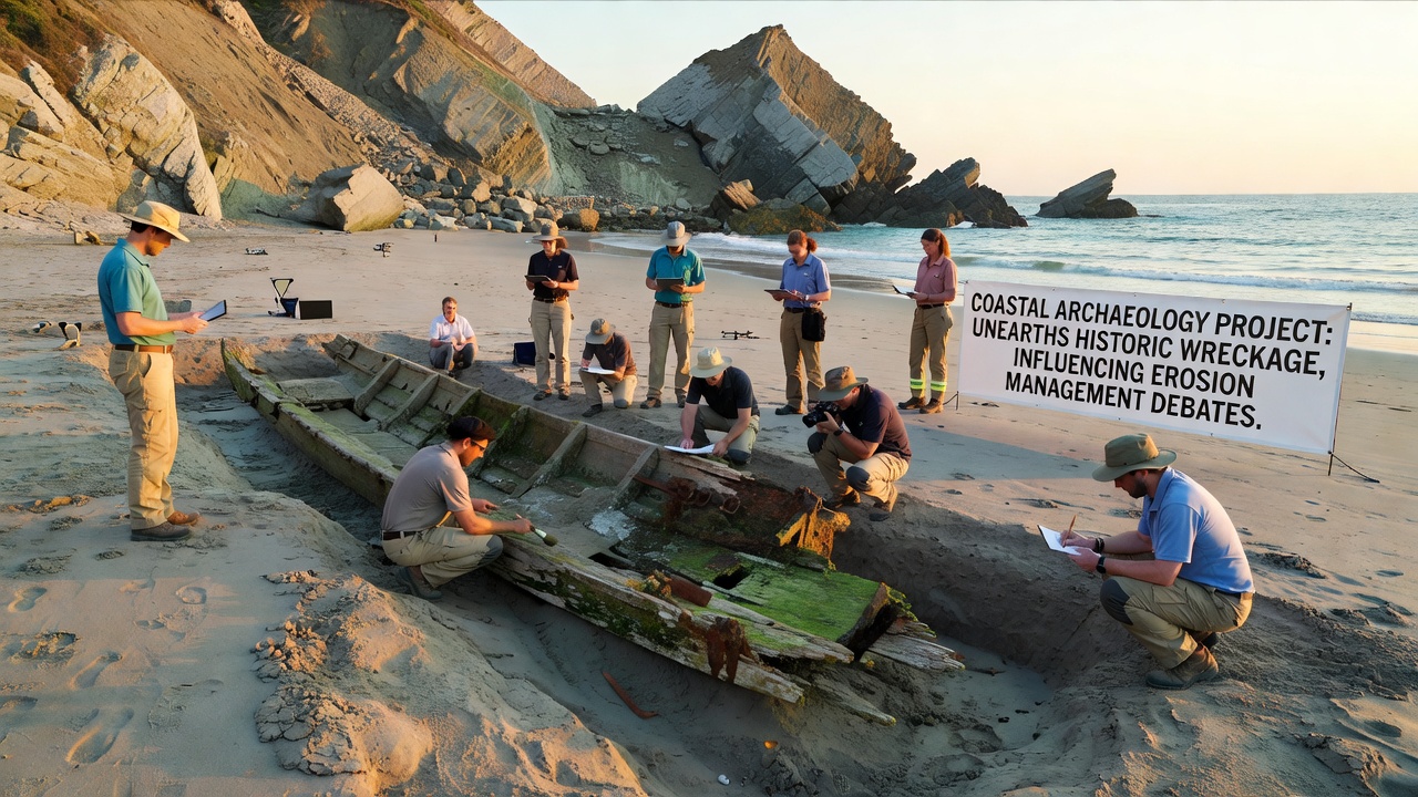 Researchers documenting erosion patterns around the shipwreck site with measuring equipment and protective barriers in place