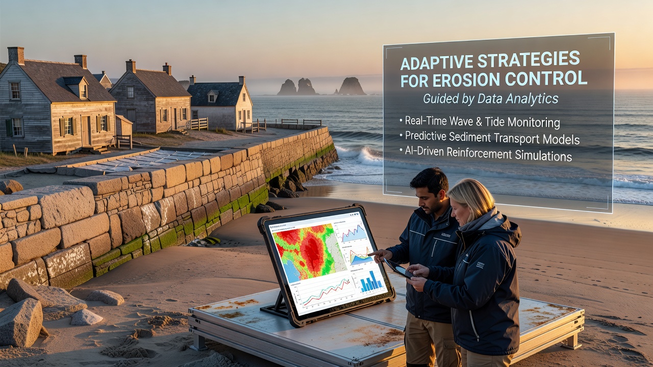 Coastal engineers reviewing real-time erosion analytics on mobile devices at a historic site