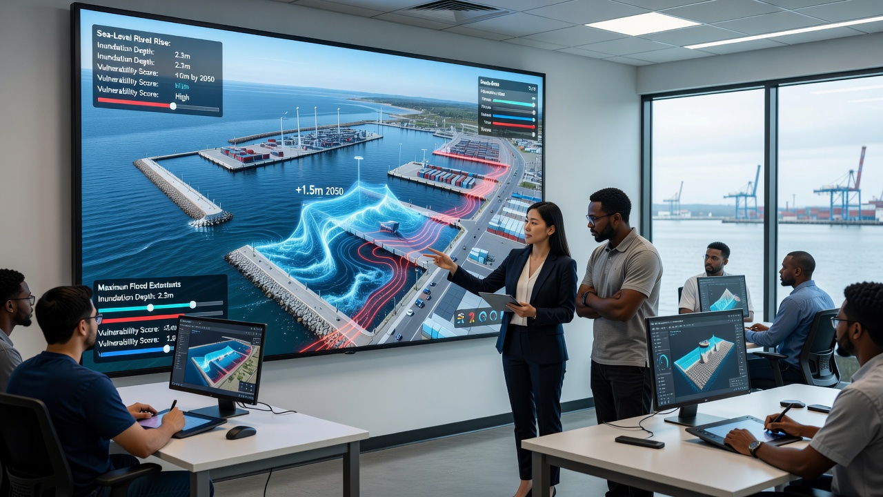 Harbor engineers reviewing flood risk maps generated by simulation software on a large display screen